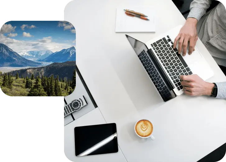 Remote HR support with laptop and coffee setup